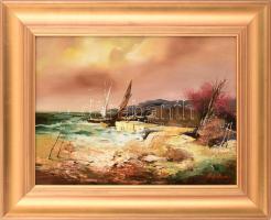 Adilov Alim (1963-): Halászok. Olaj, farost. Jelzett. 30x40 cm. Dekoratív fakeretben..