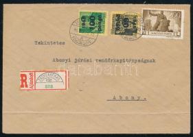 1945 (5. díjszabás) Távolsági ajánlott levél 3 bélyeggel és érdekes ajánlási ragjeggyel "ZAGYVARÉKAS" - Abony