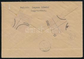 1945 (5. díjszabás) Távolsági ajánlott levél 3 bélyeggel és érdekes ajánlási ragjeggyel "ZAGYVA...