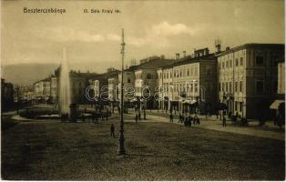 1913 Besztercebánya, Banská Bystrica; IV. Béla király tér, szökőkút, Löwy Jakab üzlete, szálloda / s...