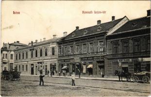 1910 Léva, Levice; Kossuth Lajos tér, Pál L., Weisz Salamon, Teiner Andor, Engel József üzlete, fodrász és borbély / square, shops, hairdresser and barber