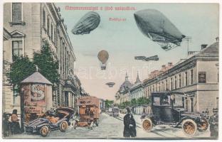 1910 Máramarossziget, Sighetu Marmatiei; Erdélyi út a jövőben, montázs. Kaufman Ábrahám és fia kiadása / street, in the future montage (fl)