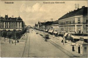 1914 Temesvár, Timisoara; Kossuth utca, Küttl tér, villamos, Keppich Adolf divatáruház reklámja bódén, Thomas E.K. kalapgyár üzlete. Polatsek-féle kiadás / street, tram, shops