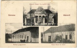 1913 Csene, Tschene, Cenej, Cenei; Uzbasich Gáspár főszolgabíró háza, Ruttner gyógyszertár, Weisz Ármin fia üzlete és saját kiadása / judges villa, pharmacy, shop