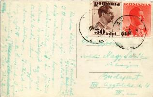 1935 Arad, Bul. Regina Maria / utca, Szentháromság szobor, I. Biener & Co. üzlete, autók / stree...