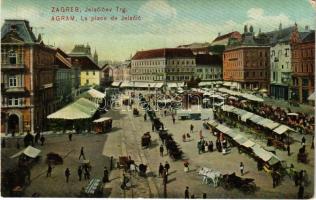 Zagreb, Zágráb; Jelacicev Trg / square, tram, market (EK)