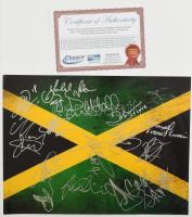 A jamaikai labdarúgó-válogatott játékosainak (Paul Hall, Rodolph Austin, Deon Burton, stb.) autográf aláírásai fotónyomaton, tanúsítvánnyal, 40x30 cm (Ritka) / Autograph signatures of the Jamaica national football teams players (Paul Hall, Rodolph Austin, Deon Burton, etc.), with certificate, 40x30 cm (Rare)