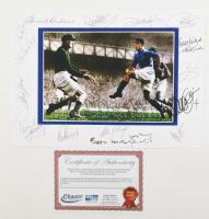 Az Everton FC angol labdarúgócsapat legendás játékosainak (Howard Kendall, Colin Harvey, Paul Gascoigne, stb.) autográf aláírásai fotónyomaton, tanúsítvánnyal, 40x30 cm / Autograph signatures of legendary Everton FC players (Howard Kendall, Colin Harvey, Paul Gascoigne, etc.), with certificate, 40x30 cm