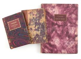 Rabindranath Tagore 3 műve:   Áldozati énekek. (Gitanjali.) Ford.: Szentirmay Gizella. Bp., 1921, "Világirodalom",(Pápai Ernő-ny.) II. kiadás. Jaschik Álmos könyvdíszeivel. Kiadói kartonált papírkötésben, kissé kopott borítóval. Megjelent 2000 példányban. Számozatlan példány.;   A postahivatal. A letétemény. Szerencséthozó pillanat, Élő vagy halott? Ford. Bartos Zoltán és Sármay Márton. Bp., 1921., Világirodalom. Kiadói félbőr-kötés, kissé kopott borítóval, a könyvtest részben elvált a borítótól, a címlap elvált a könyvtesttől. Számozatlan példány.;   Chitra. Ford.: Laky Dezső. Bp., 1920., Sacelláry. Kiadói kartonált papírkötés, kopott, hiányos gerinccel, kopott borítóval. Számozatlan példány.;