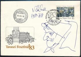 1983 Szász Endre (1927-2003) 2 db saját kezű tollrajza a Budapesti Tavaszi Fesztivál FDC-n az általa tervezett bélyeggel.