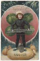 1908 Boldog Újévet! / New Year greeting art postcard with chimney sweeper, money bags, clover (EK)