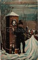 1909 Boldog Újévet! / New Year greeting art postcard with chimney sweeper lady and champagne (EK)