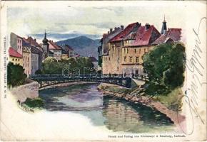 1902 Ljubljana, Laibach; Flussbild / riverside, bridge. Druck und Verlag von Kleinmayr & Bamberg s: M. Ruppe (EB)