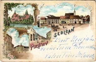 1898 (Vorläufer) Sedlcany, Cerveny hradek, Dolejsi námesti, Cást námesti s radnici, Prazská ulice / castle, square, town hall. Art Nouveau, floral, litho (worn corners)