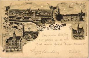 1898 (Vorläufer) Rokycany, Cerny kríz, Námesti, Hlavni chrám, Radnice / general view, square, town hall, cross, church. Art Nouveau, floral, litho (cut)