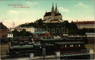 1910 Brno, Brünn; Dom vom Bahnhof aus / railway station, locomotive, train, cathedral (EK)