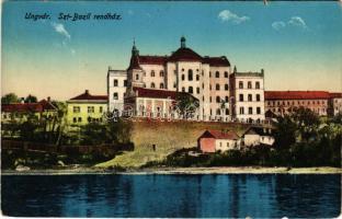 1916 Ungvár, Uzshorod, Uzhhorod, Uzhorod; Szent Bazil rendház / monastery, boarding school + "UNGVAR - NYÍREGYHÁZA - DEBRECZEN 60 A" vasúti mozgóposta bélyegző (szakadások / tears)