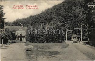 1909 Pozsony, Pressburg, Bratislava; Vaskutacska, korai trolibusz / Eisenbrünnel (Eisenbründl) / Zelezná Studienka / spa with early trolleybus (ragasztónyom / glue marks)