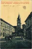 1908 Szászváros, Broos, Orastie; Iskola tér, Evangélikus templom, üzlet. W.L. (?) 1665. B. Stelescu kiadása / Schulplatz mit der evang. Kirche / School Square, Lutheran church, shops (Rb)