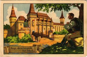 Vajdahunyad, Hunedoara; "Régi dicsőségünk hol késel..." Kiadja a Székely Egyetemi és Főiskolai Hallgatók Egyesülete / Cetatea (Castelul) Huniadestilor / Hungarian irredenta propaganda art postcard, castle s: Gebhardt (képeslapfüzetből / from postcard booklet) (tűnyomok / pin marks)