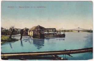 1917 Arad, Maros folyó az új vashíddal, hajómalom. Vasúti levelezőlapárusítás / Mures riverside with floating boat mills (ship mills) and the new iron bridge (kopott sarkak / worn corners)