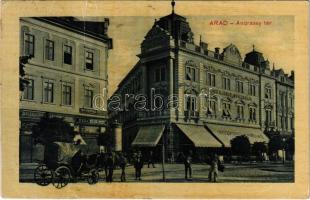 1922 Arad, Andrássy tér, Rónai A. János Központi szállodája és kávéháza, Kriegler, Lázár Gyula üzlete, Bloch H. könyvnyomdája és saját kiadása / square, hotel and café, publisher's shop (fa)