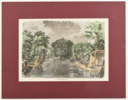 cca 1860 Óbuda a Fehéregyházi forrás színezett fametszetű képe . Paszparutban 24x17 cm
