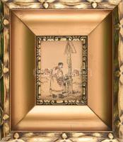 Dekoratív, üvegezett képkeret, régi tusrajzzal, belső méret: 8,6x6,8 cm