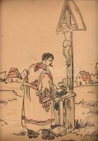 Dekoratív, üvegezett képkeret, régi tusrajzzal, belső méret: 8,6x6,8 cm