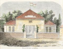 cca 1860 Balaton Keszthelyi nyári színház. Színezett fametszet Paszpartuban 19x14 cm