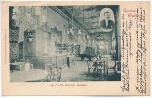 1903 Győr, Gyárfás Pál Kisfaludy kávéháza és saját portréja, belső, biliárdasztalok. Kiadja a Pannonia papírkereskedés (EK)