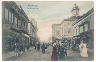 1905 Miskolc, Széchenyi utca, Adriai Biztosító Társulat, Kerekes, Szántó Mór és társa és Fábián üzlete, gyógyszertár. Montázs (EK)