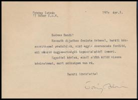 1970 Örkény István (1912-1979) író saját kézzel aláírt, gépelt gratuláló levele Marton Endre, a Nemzeti Színház igazgatója részére írva, borítékkal