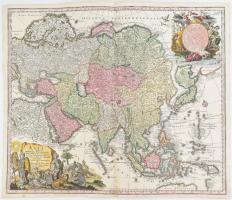 Asia cum omnibus imperiis provinciis... Seutter, George Matthaeus (1678 - 1757), cca 1740. színezett rézmetszetű térkép. minimális folttal és apró beszakadással / Colored copper plate map of Portugal and Spain with minor tear and stain. 575x500 mm