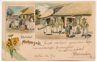 1902 Mohács, Sokácok és busók, folklór. Art Nouveau, floral, litho