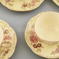 Zsolnay virágmintás kávés csésze, 6 db csésze, és alj, 4 tetővel, kézzel festett, jelzett, kis kopás...