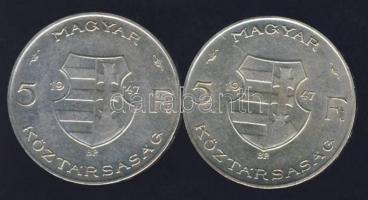 1947. 5 Ft (2x) "Kossuth" Ag T:2/3+