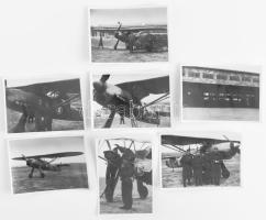 1940 A Kör Ász repülő vadászszázad Fw56 Stösser iskola vadászgépe a mátyásföldi repülőtéren karbantartás, tankolás közben, pilótákkal, 7 db közeli fotó, hátoldalt feliratozva a pilóták nevével is, szép állapotban, 6×9 cm