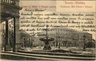 1905 Pozsony, Pressburg, Bratislava; Színház tér, Nemzeti és Palugyai szálloda, szökőkút. Bediene dich allein / theatre, hotels, fountain (Rb)