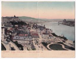 1906 Budapest I. Kilátás a Gellért hegyről, Döbrentei tér, Tabán, Czigler-féle sarok palota, piac, Stosz vendéglő, Keller Ignác üzlete, Rácz fürdő. Taussig A. 7216. 2-részes kinyitható panorámalap (fl)