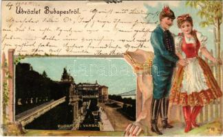 1901 Budapest I. Várbazár. Szecessziós dombornyomott montázs magyar népviselettel. Art Nouveau, litho (EK)