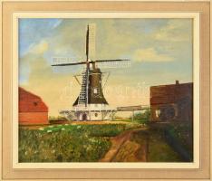 Olvashatatlan (Obren M?) jelzéssel: Szélmalom. Olaj, vászon. Dekoratív keretben. 50x60 cm. / Windmill. Oil on canvas. Signed. Framed.