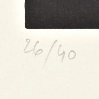 Konok Tamás (1930-2020): Kompozíció. Szitanyomat, papír, jelzett. Sorszámozott 26/40. 28×28 cm