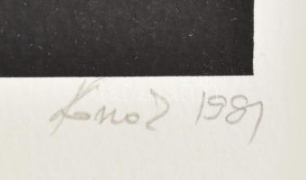 Konok Tamás (1930-2020): Kompozíció. Szitanyomat, papír, jelzett. Sorszámozott 26/40. 28×28 cm