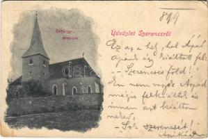 1899 (Vorläufer) Szerencs, Rákóczy templom + "M.SZIGET-MISKOLCZ-BUDAPEST 34. SZ." vasúti mozgóposta (EK)