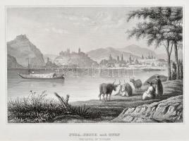 cca 1840-50 Ofen und Pesth (Buda és Pest a Csepel szigetről nézve), aus d.Kunsanstalt d.Bibliogr. Int. Hildbh. Acélmetszet, papír, 10x14,5 cm Paszpartuban