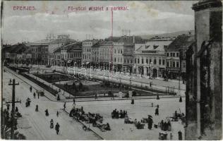 1914 Eperjes, Presov; Fő utca, Takarékpénztár, park, üzletek, piac. Divald Károly fia kiadása / main street, savings bank, park, shops, market (fl)