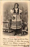 1901 Trencsén, Trencín; Tót népviselet. Gansel Lipót 72. / Volkstracht / Slovakian folklore + "TRENCSÉN - NAGY-TAPOLCSÁNY 306 E" vasúti mozgóposta bélyegző (EK)