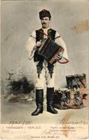 1905 Trencsénteplic, Trencianske Teplice; Tepliczi paraszt legény harmonikával. Hermann Seibt 4453. / Slovakian folklore, peasant man with accordion (fl)