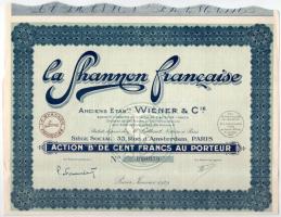 Franciaország / Párizs 1929. La Shannon Francaise B részvénye 100Fr-ról szelvényekkel T:XF France / Paris 1929. La Shannon Francaise B share about 100 Francs with coupons C:XF